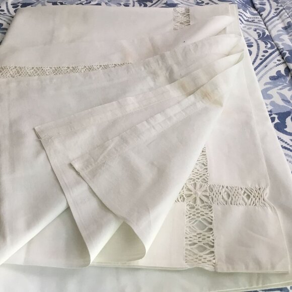 VTG Ivory Muslin Full Sheet 81x108 Hemstitched Pillowcases Cottagecore Farmhouse - Picture 1 of 10